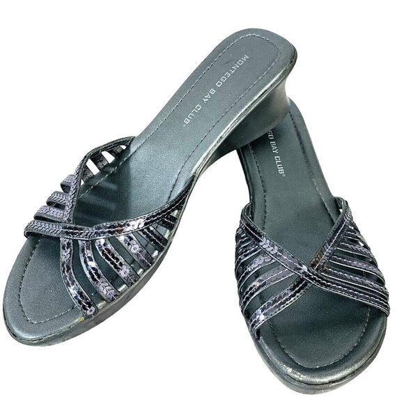 Montego Bay Club Silver Sandals Sequin Wedge Slip On Womens 7 Wedge Strappy Shoe - Picture 2 of 14